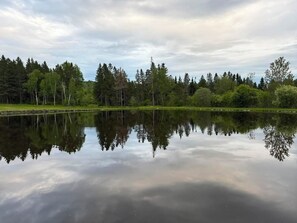 A calm lake with reflections of trees and a cloudy sky. - All-Season Cozy Tiny Retreat 
Just over 600 square ft..
its all you need.  (Frenchville)