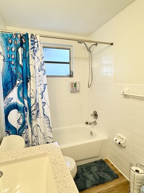 Secador de cabelo, toalhas de banho, sabonete, shampoo