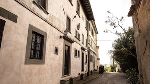Una calle estrecha bordeada de edificios históricos con arquitectura tradicional y un ambiente tranquilo, arbolado.