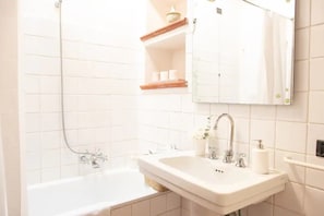 Hair dryer, bidet, towels, soap