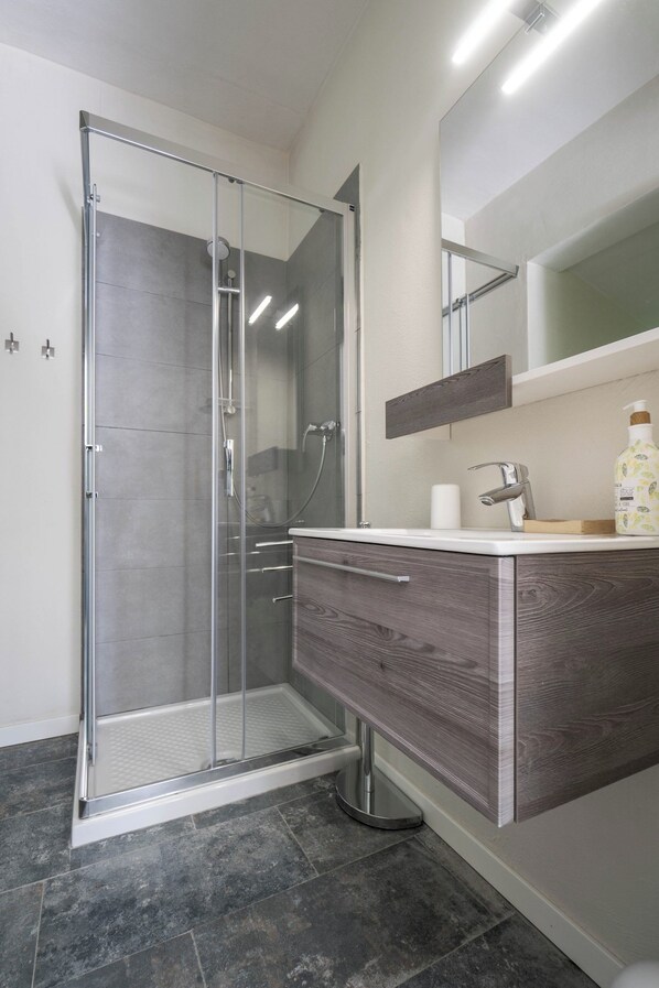 Shower, hair dryer, bidet, towels