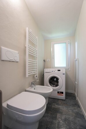 Shower, hair dryer, bidet, towels