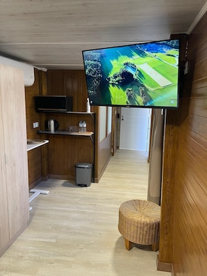 A compact kitchen with a flat-screen TV, a microwave, a kettle, and a trash bin.
