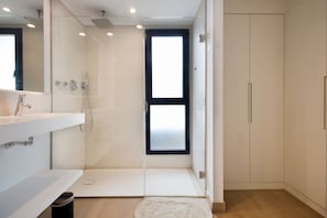A modern bathroom with a shower, a large mirror, and a window.
