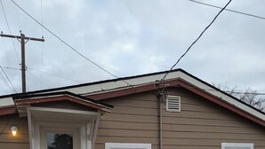 A single-story house with a front door, a small window, and a utility meter on the side.