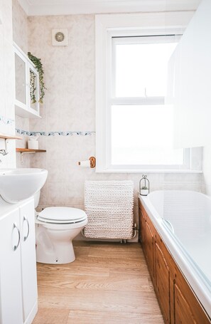 Shower, hair dryer, towels, toilet paper