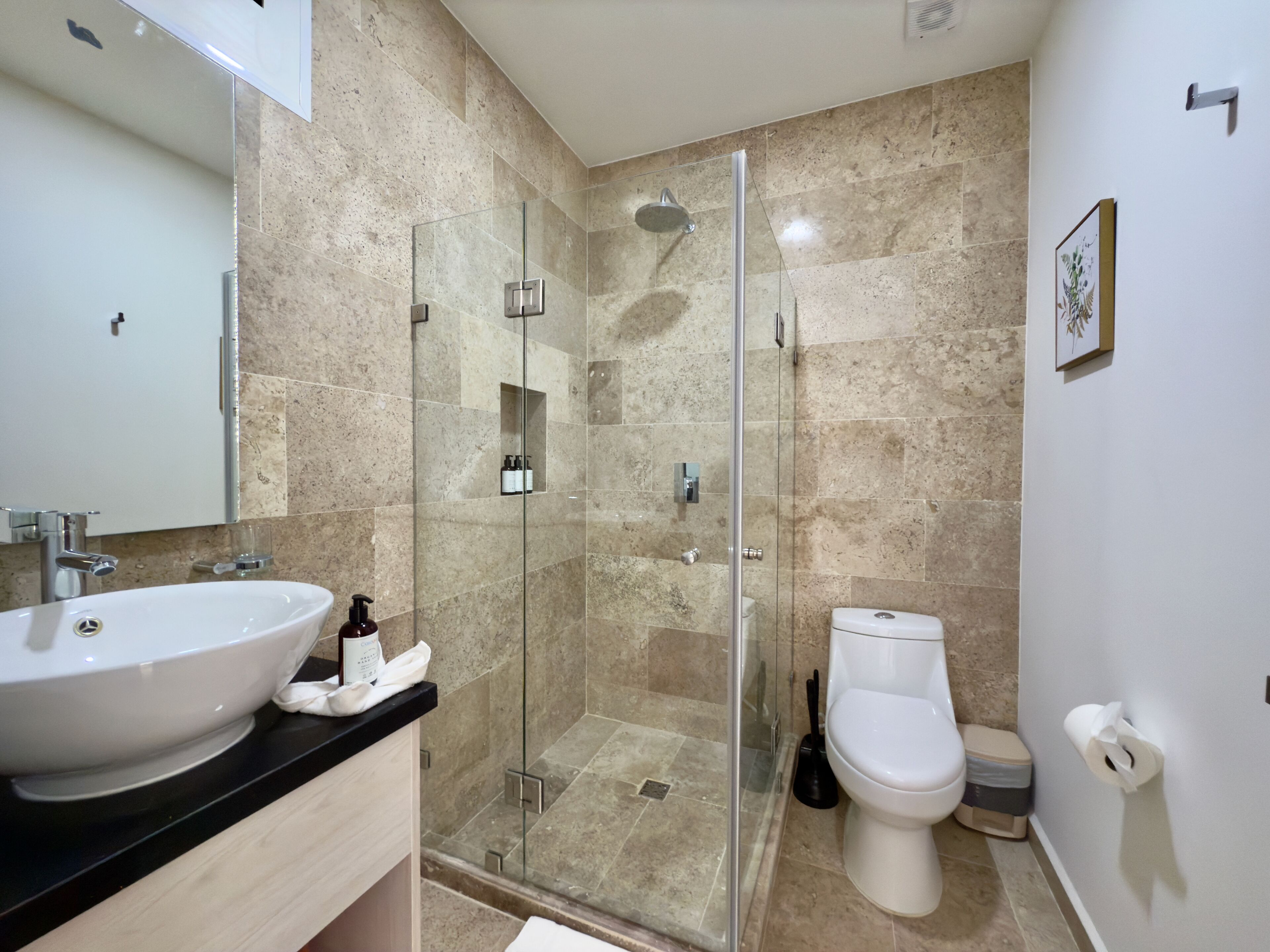 Une salle de bain moderne avec une douche à parois de verre, un lavabo blanc et des toilettes.