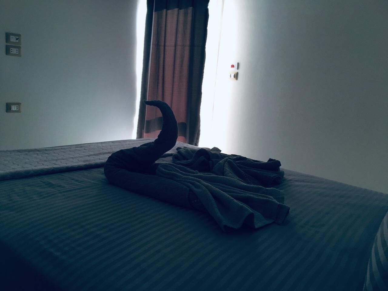 A bed with a folded blanket and a black object on it.