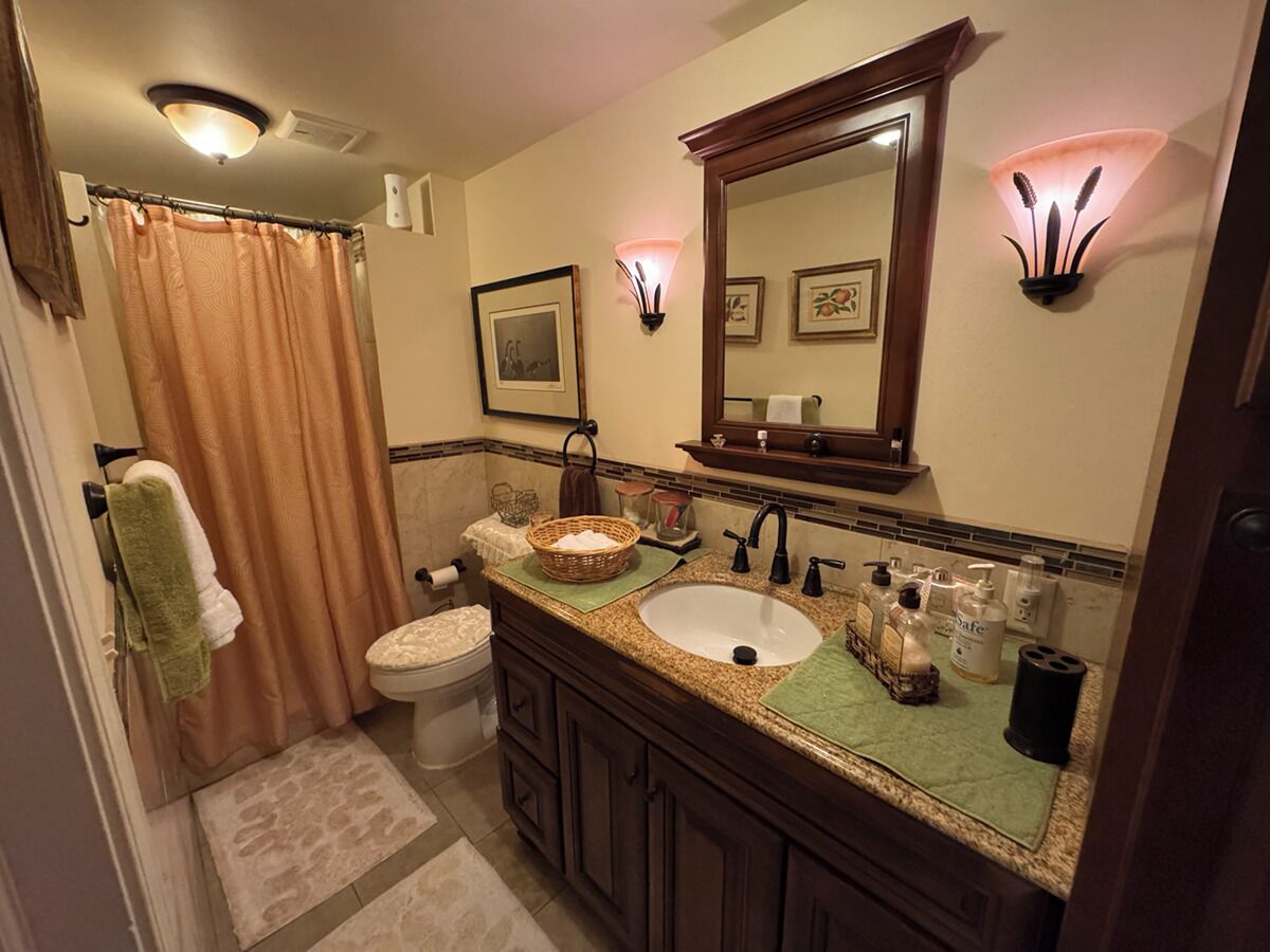 Un bagno con doppio lavandino, toilette, tenda doccia e specchio sopra il lavandino.