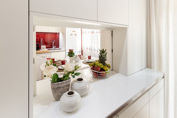 Fridge, microwave, oven, dishwasher