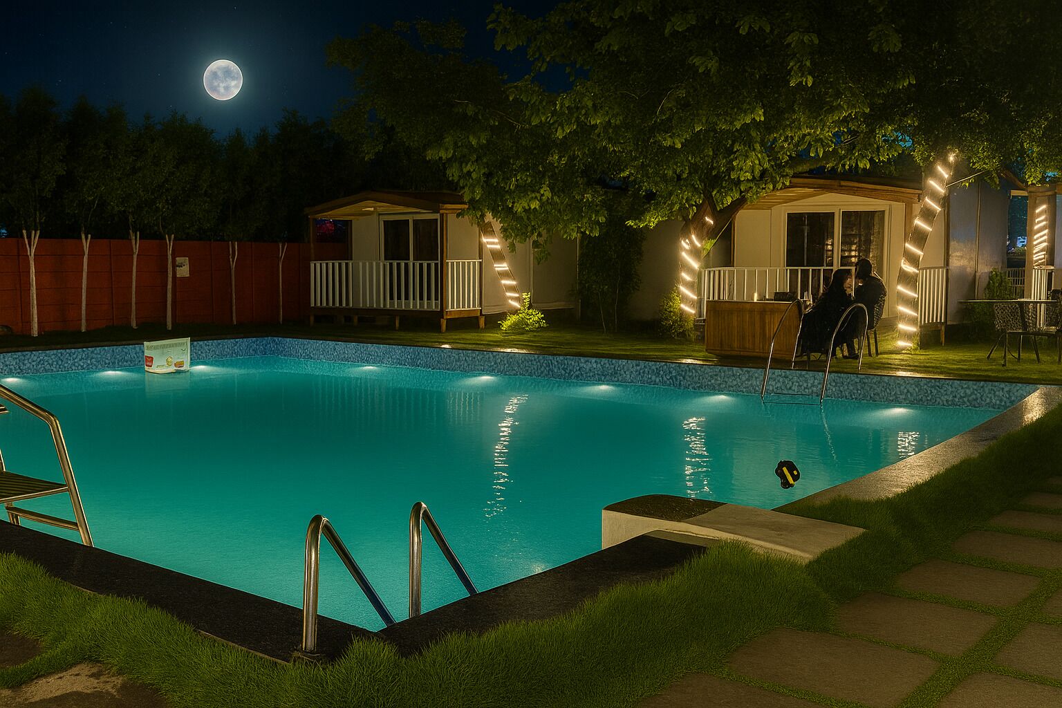 A rectangular swimming pool with a metal ladder on one side, surrounded by a wooden deck and a grassy area.