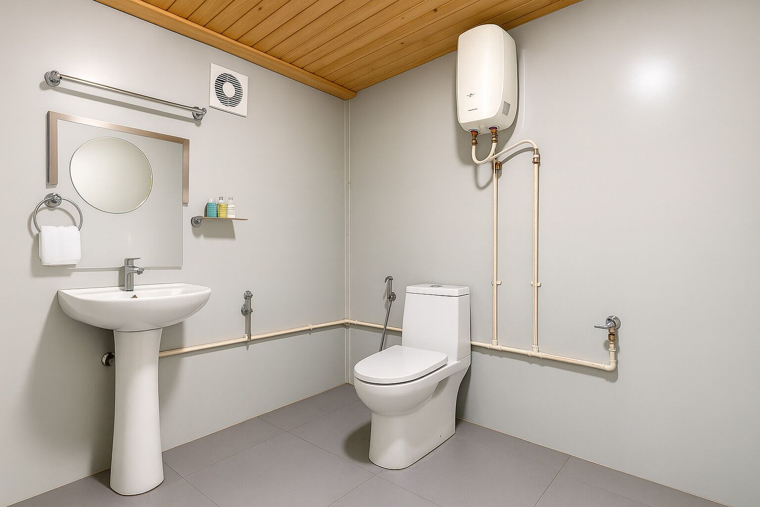 Un baño moderno con lavamanos pedestal, inodoro y calentador instalado en la pared.