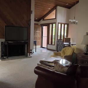 Smart TV, fireplace, books