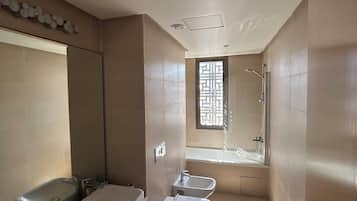 Hair dryer, bidet, towels, soap
