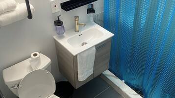 Shower, towels, soap, toilet paper