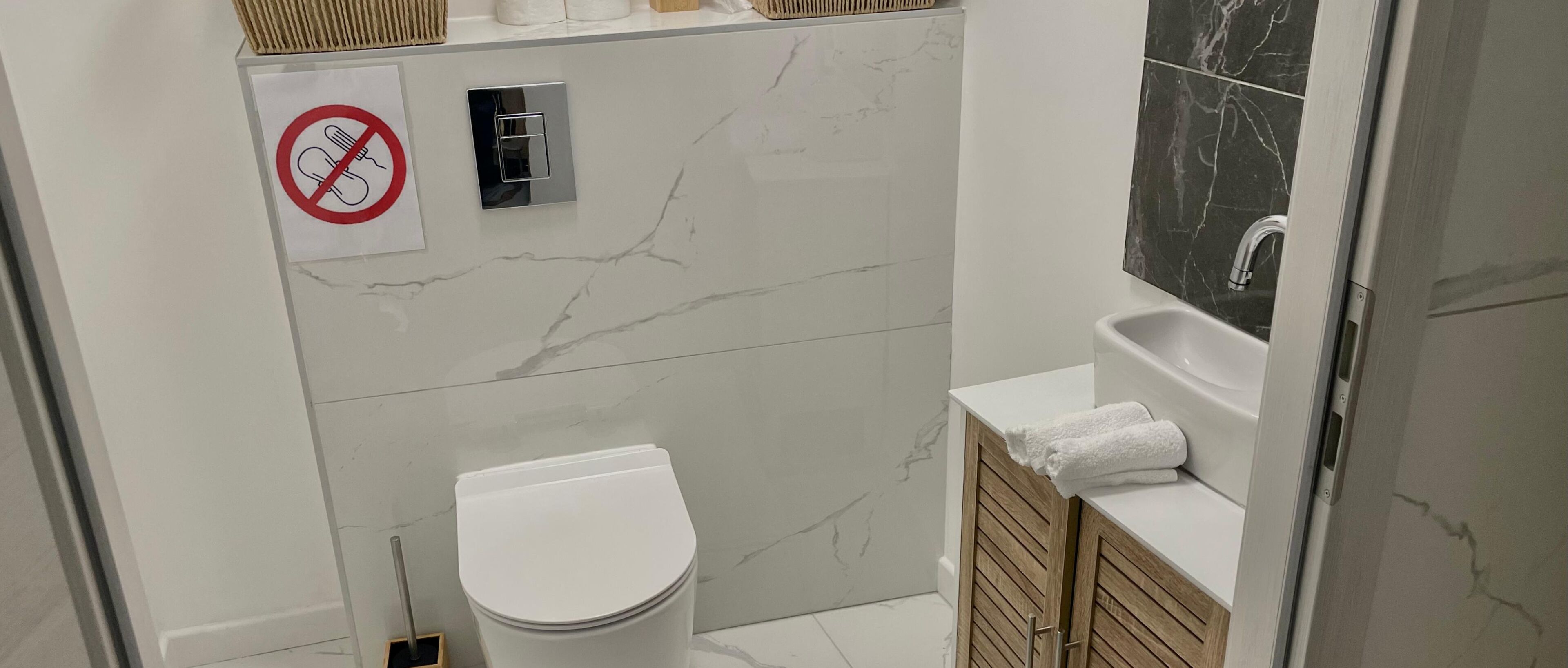 A compact bathroom with a white toilet, a sink with a mirror, and a no-smoking sign on the wall.