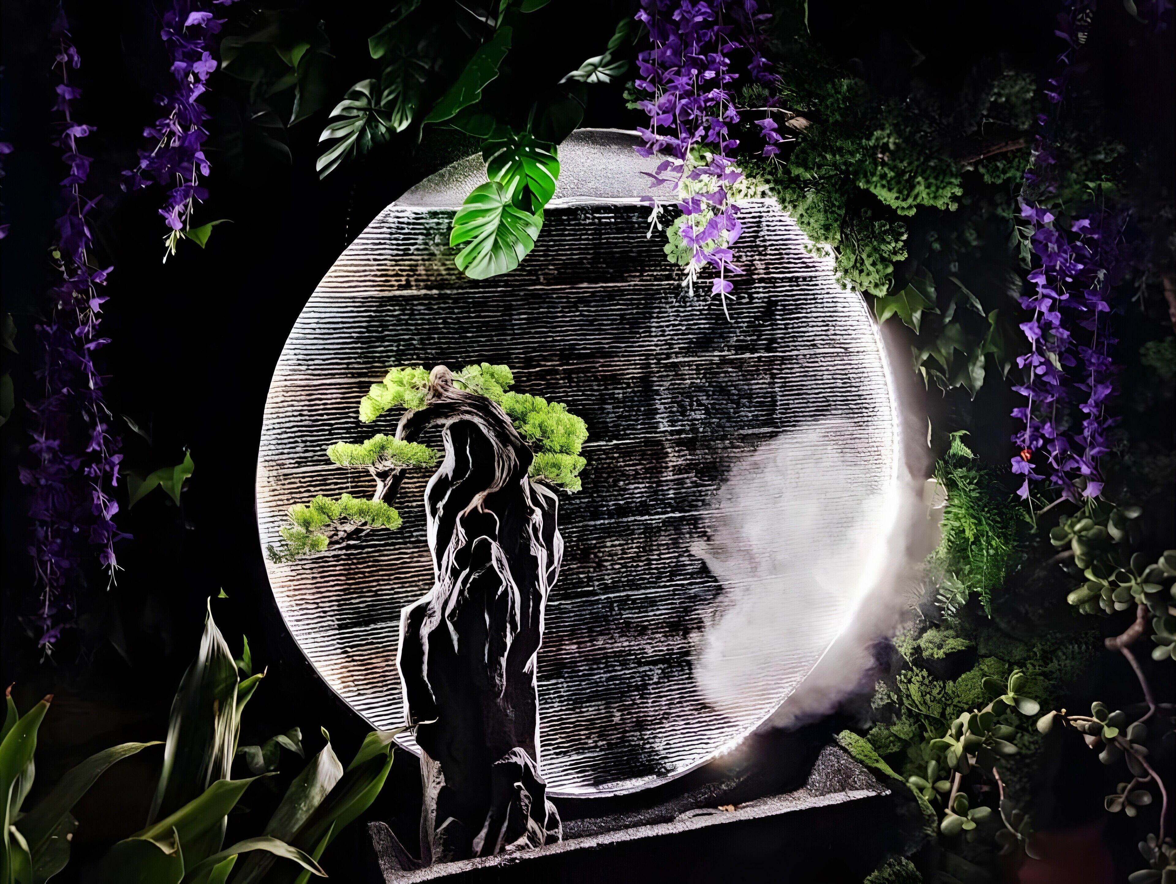 A circular stone structure with a central tree-like sculpture, surrounded by lush greenery and purple flowers.