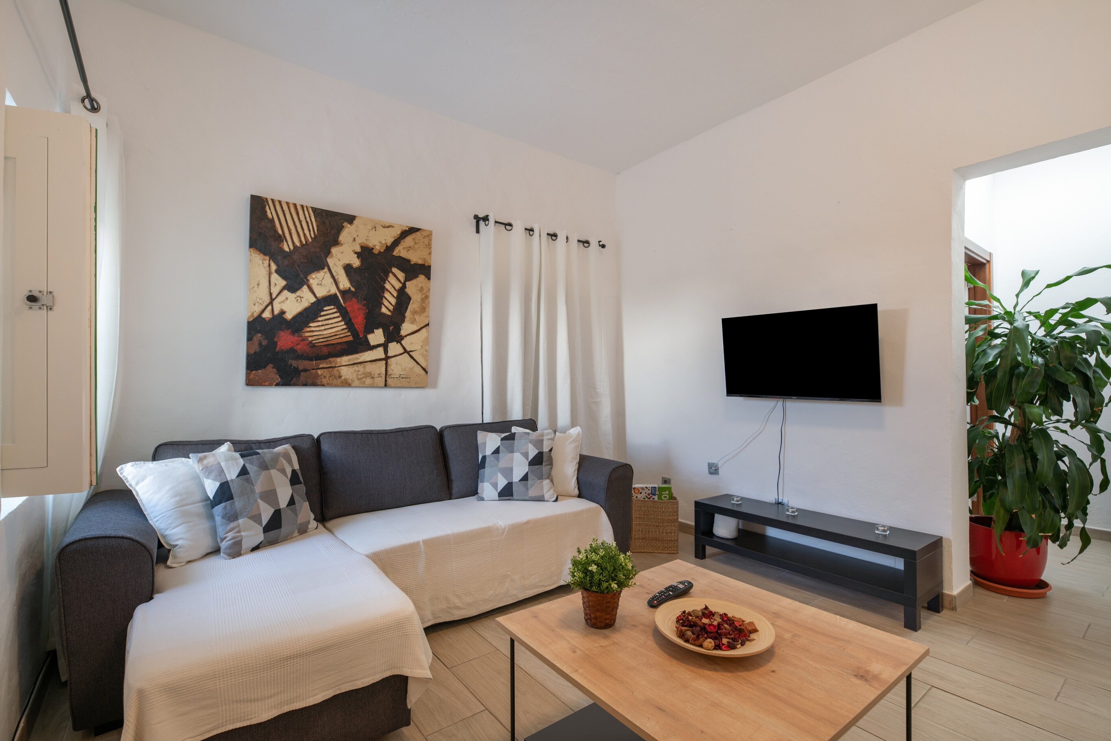 Una sala de estar moderna con un sofá, un televisor de pantalla plana, una mesa de centro con un cuenco y una planta en maceta.