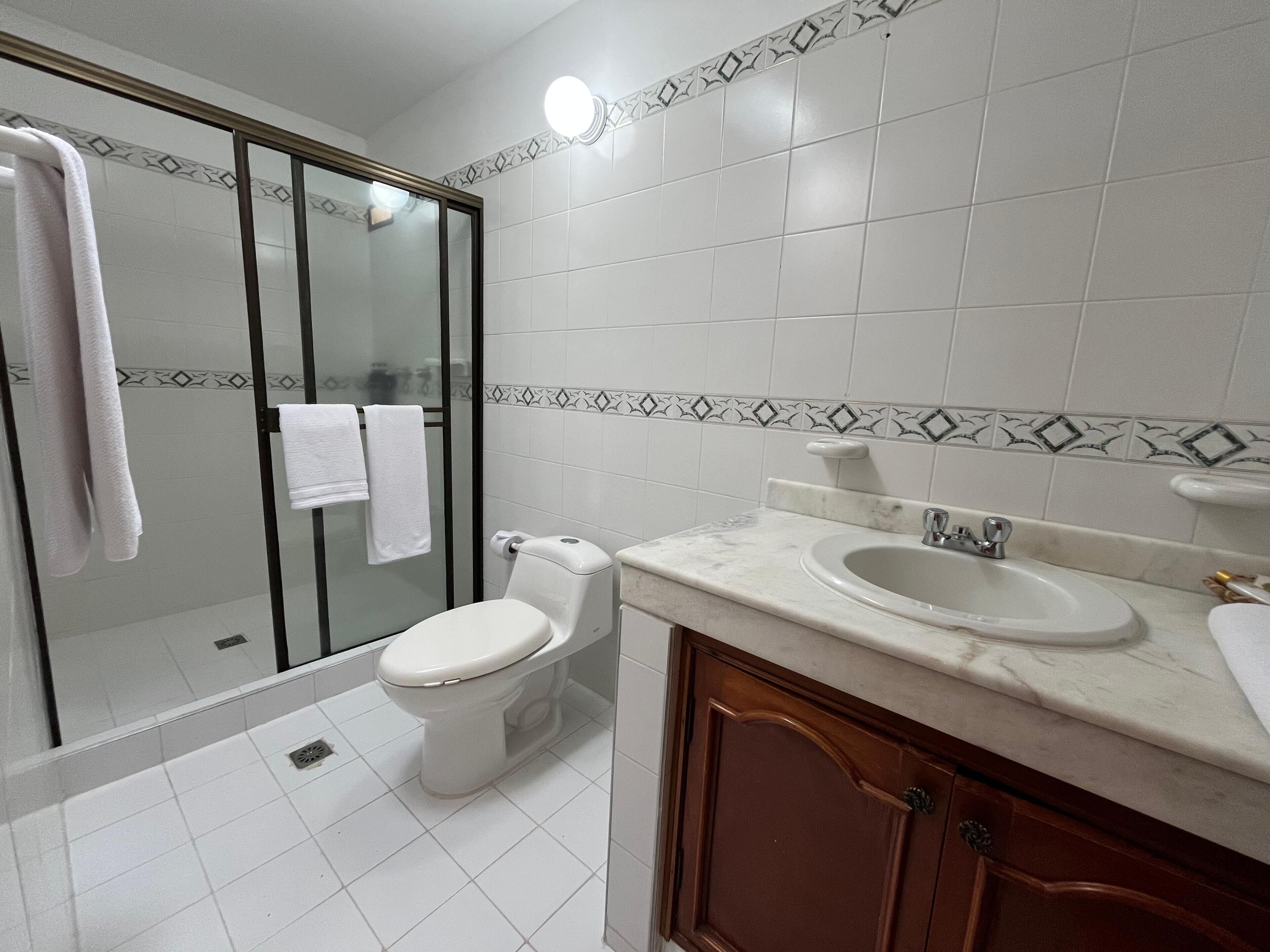 A bathroom with a glass-enclosed shower, a toilet, a sink, and a vanity with a mirror.