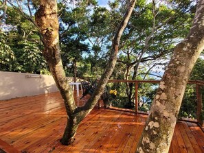 Una terraza de madera con árboles, barandilla y vistas a la vegetación circundante.