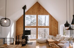 Smart TV, fireplace, table football, books