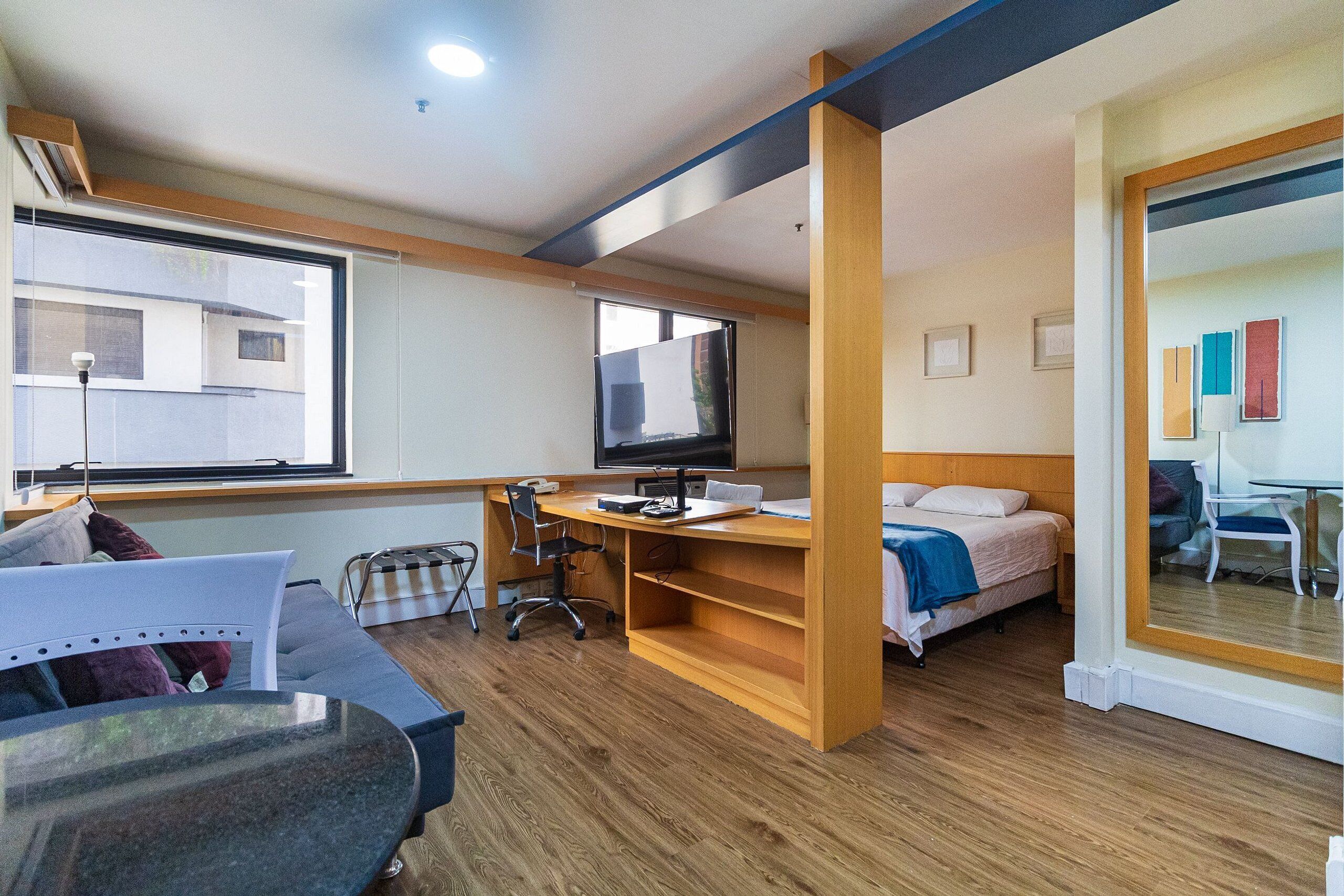 Basic Apartment | Desk, laptop workspace, blackout drapes, soundproofing