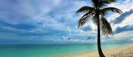 On the beach, sun-loungers, beach towels