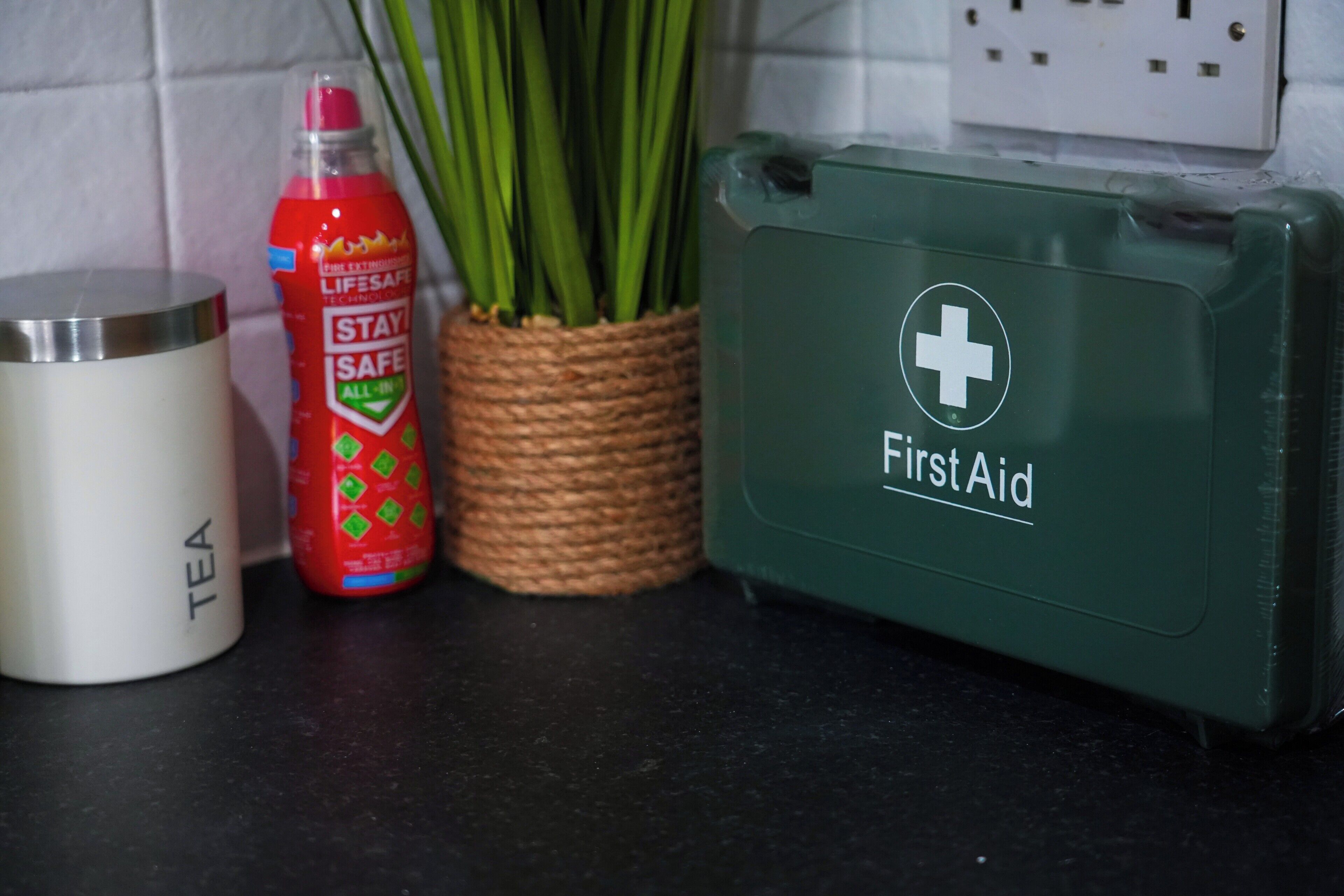 A first aid kit, a bottle of Lifesaver, a mug labeled "TEA," and a potted plant on a kitchen counter.