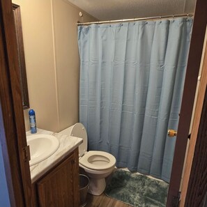 A small bathroom with a toilet, a sink, and a shower curtain.