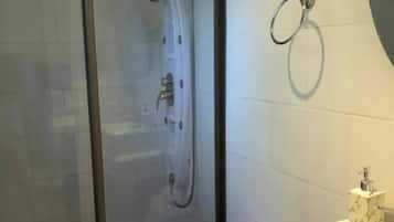 Hair dryer, towels, soap, toilet paper