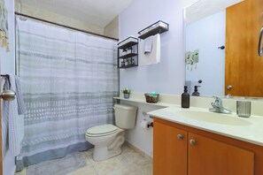 Ducha, secador de pelo, toallas, jabón