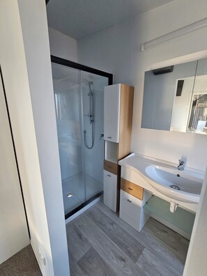 Shower, towels, soap, toilet paper