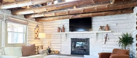 Smart TV, fireplace, books, printers