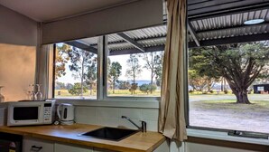 A compact kitchen with a microwave, kettle, and sink. It features a large window with a view of trees and a grassy area. - Tiny Away Escape at Grampians Edge (Dadswells Bridge)