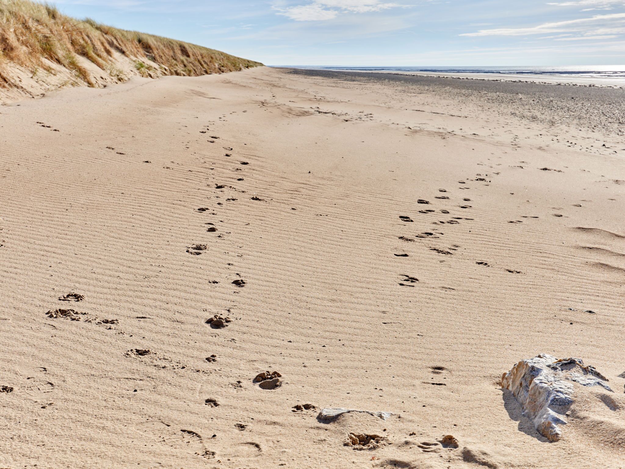 A sandy beach with footprints and a rock formation.