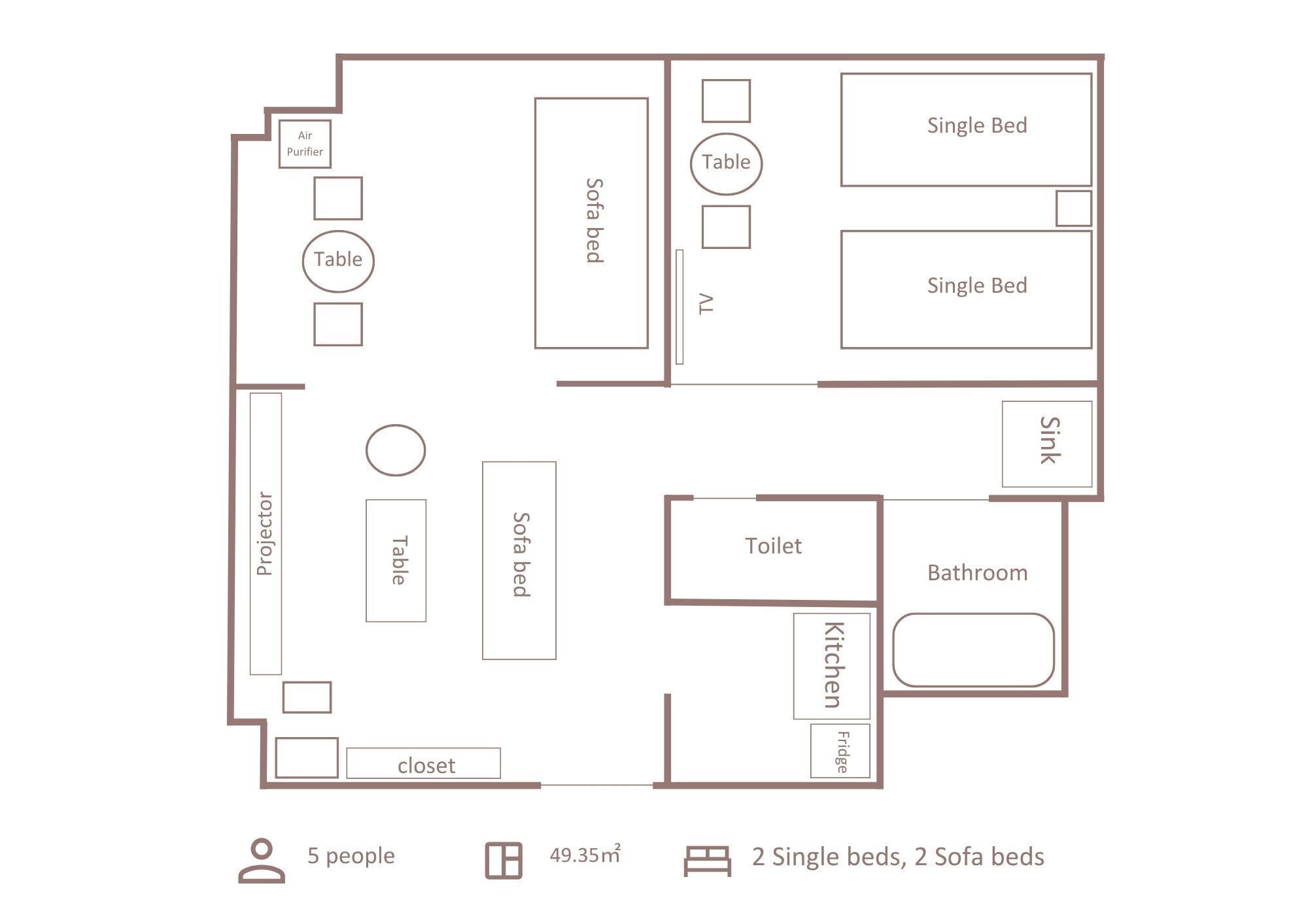En lägenhet på 49,35 m² med planlösning som inkluderar 2 enkelsängar, 2 bäddsoffor, ett kök, ett badrum och ett rum med projektor.