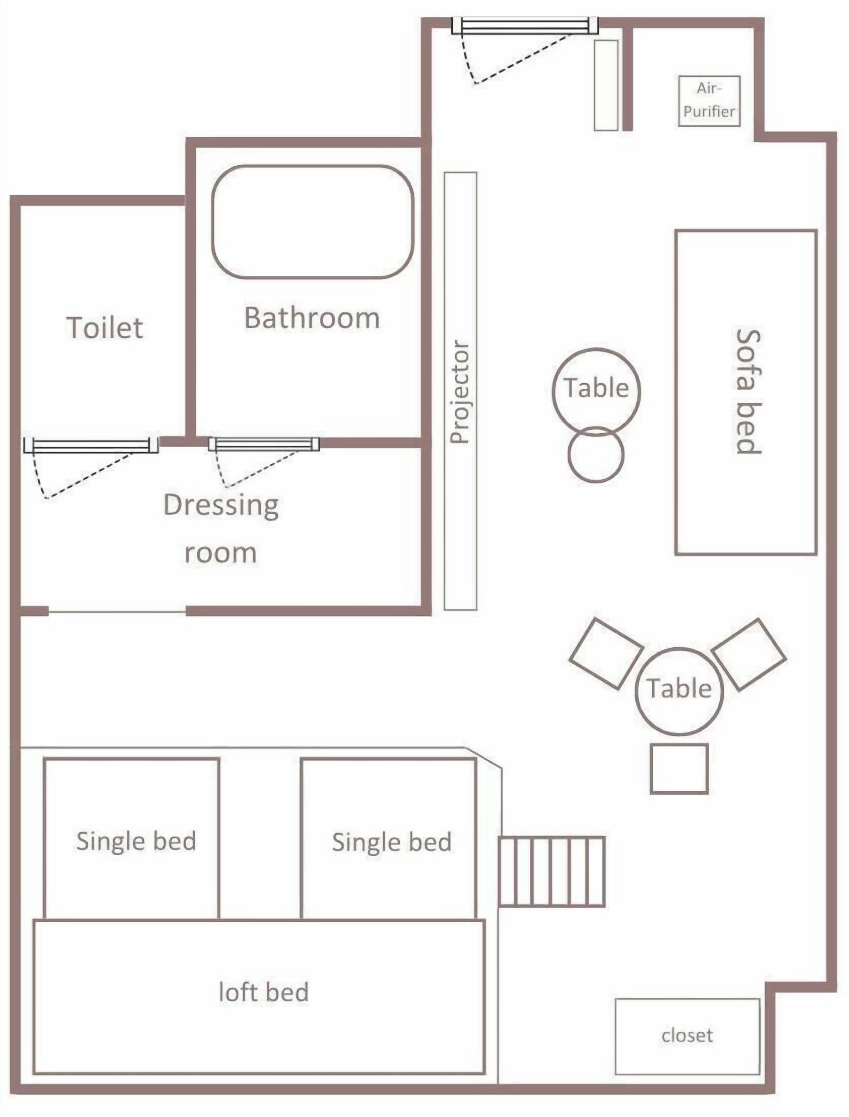 Plano de planta que muestra un baño, un inodoro, un vestidor, dos camas individuales, una cama entrepiso, un sofá cama, una mesa, un armario y un purificador de aire.