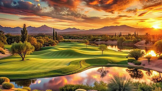 A golf course with a pond, trees, and mountains in the background. - Upgraded Golfer's Oasis! Heated Pool, BBQ, Gate Guarded & Pet Friendly! (Phoenix)