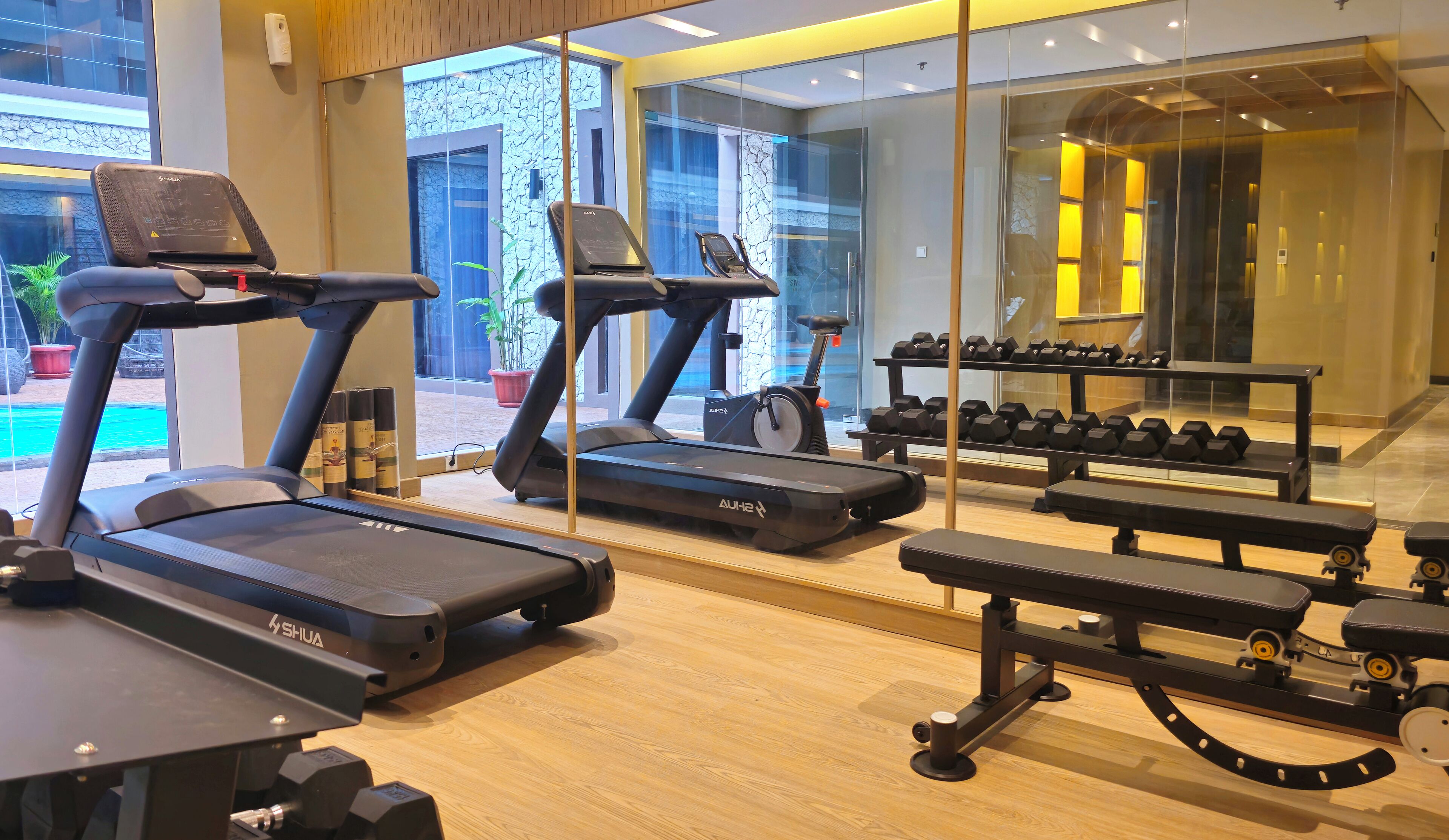 A gym with treadmills, dumbbells, and a bench.