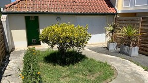 Une maison avec un toit en tuiles, une porte verte et un jardin agrémenté d’un arbuste central et de plantes disposées tout autour.