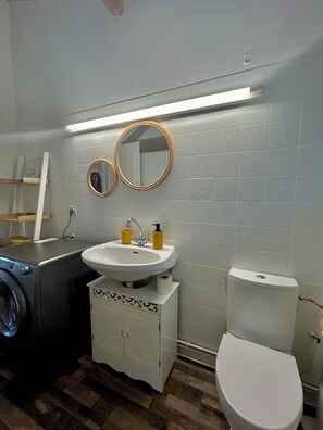 Hair dryer, towels, toilet paper