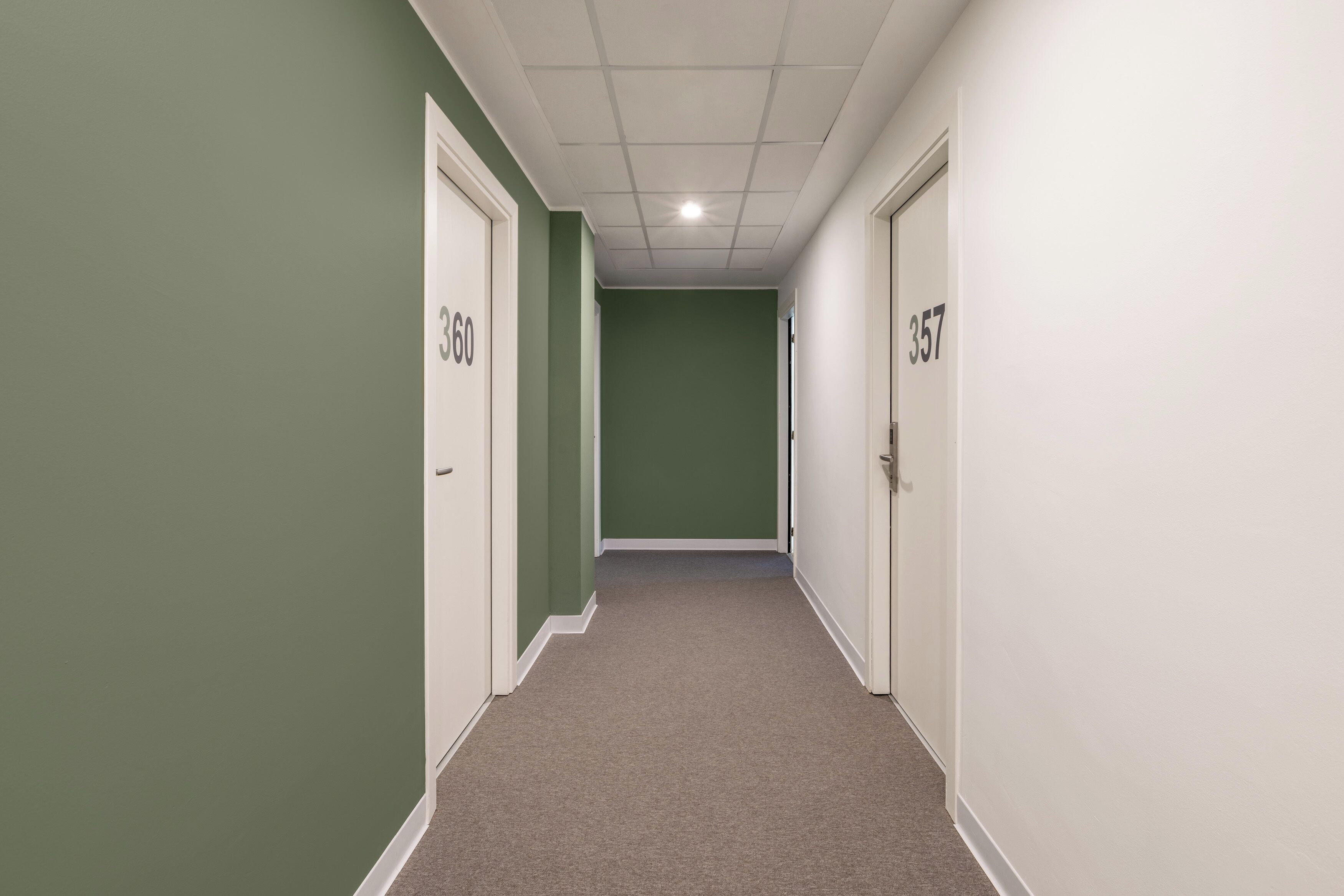A hallway with green walls and white doors, each marked with a number.