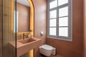 A modern bathroom with a glass shower enclosure, a large sink, and a toilet.