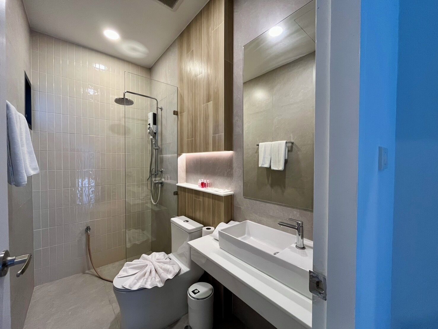 A modern bathroom with a glass-enclosed shower, a white sink, and a mirror above it.
