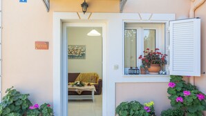 A building entrance with a door, a window with shutters, and several potted plants.