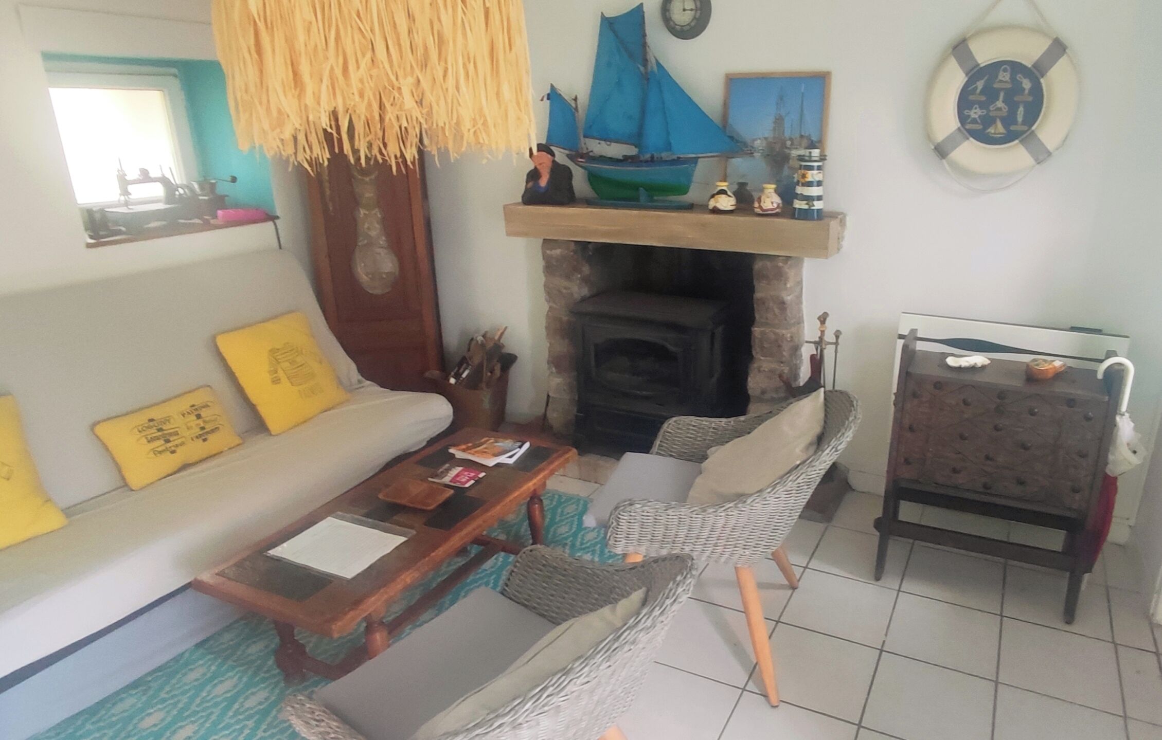 TV, fireplace, books