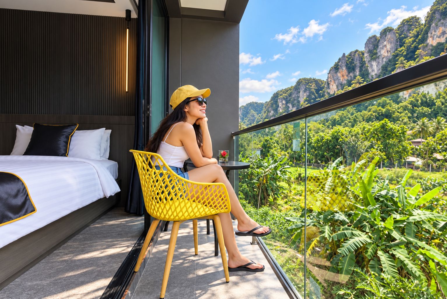 A room with a bed, a yellow chair, and a balcony with a view of greenery and mountains.