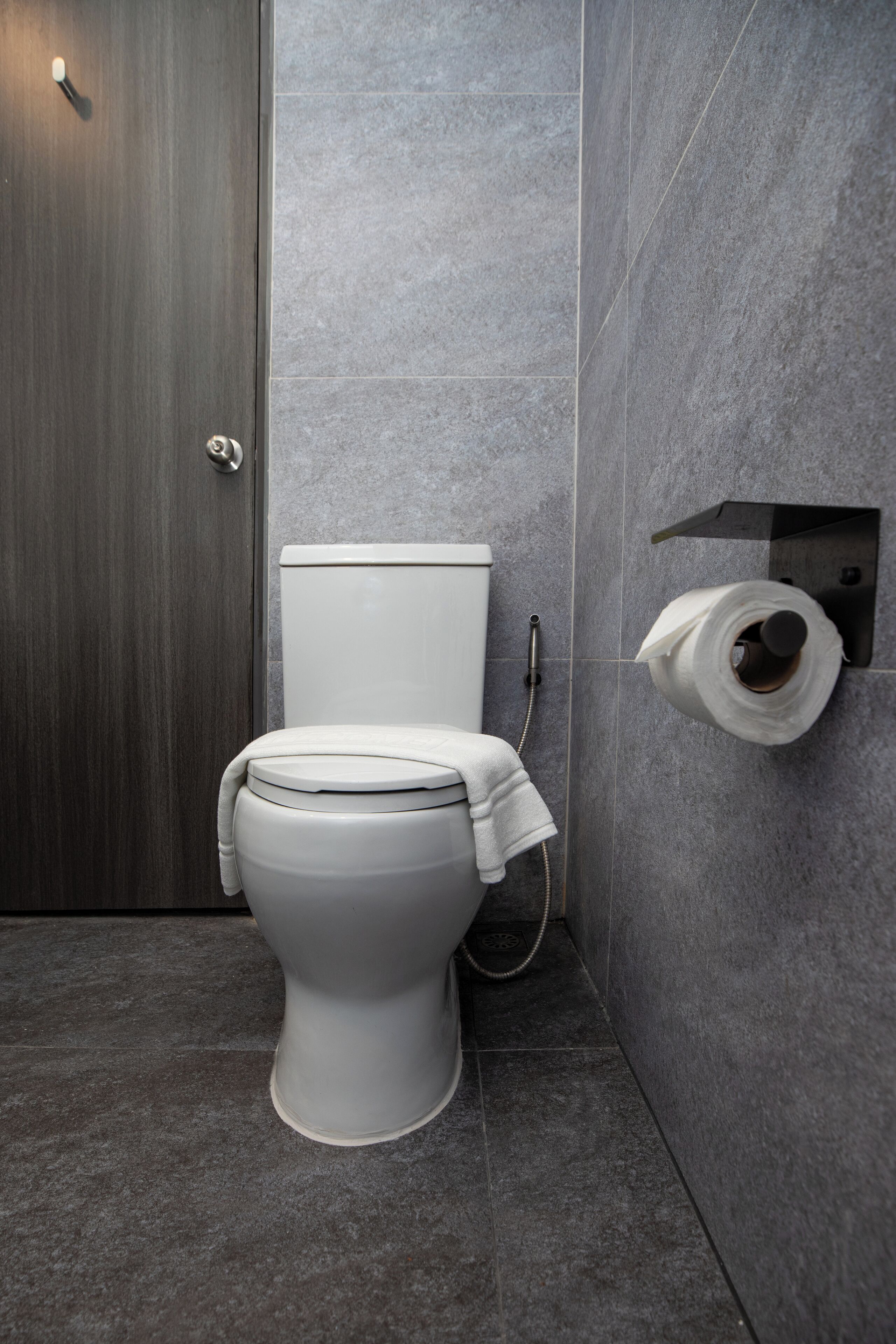 Un baño moderno con inodoro, perchero y dispensador de papel higiénico.
