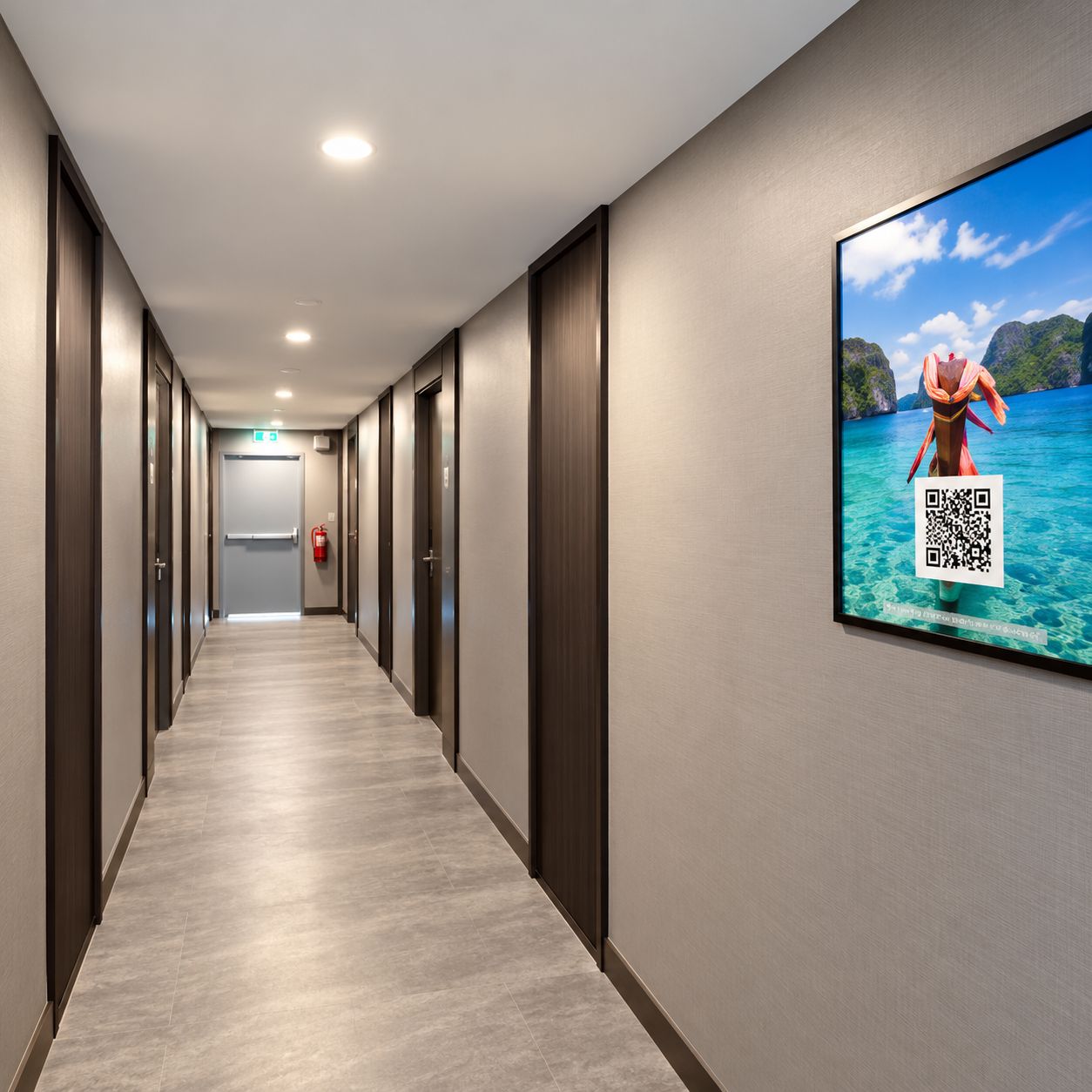A hotel corridor with a long hallway, doors on both sides, and a framed picture on the wall.