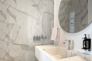 Shower, hair dryer, towels